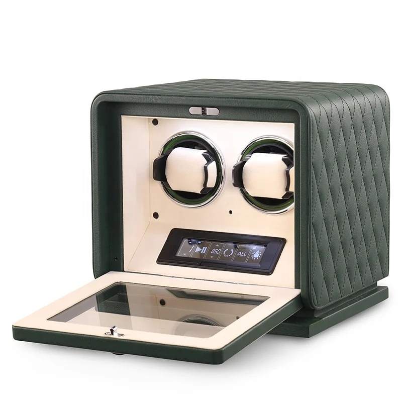 2024 Special Green Genuine Vegan Leather 2 3 4 6 8 12 Slots Wooden Watch Safe Winder Box with LCD Touchscreen and LED RGB Light
