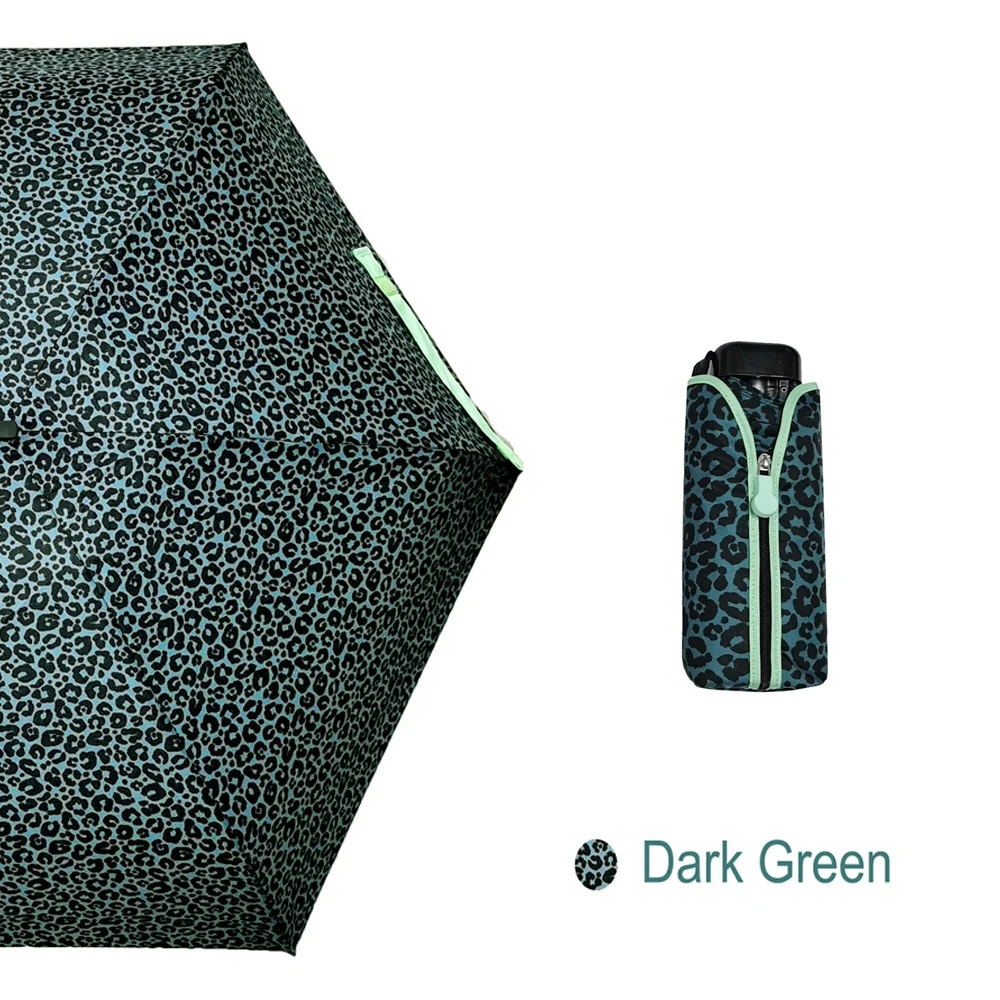 Dark Green Leopard grain Five Folding Mini Umbrella Flat Handle With Customized