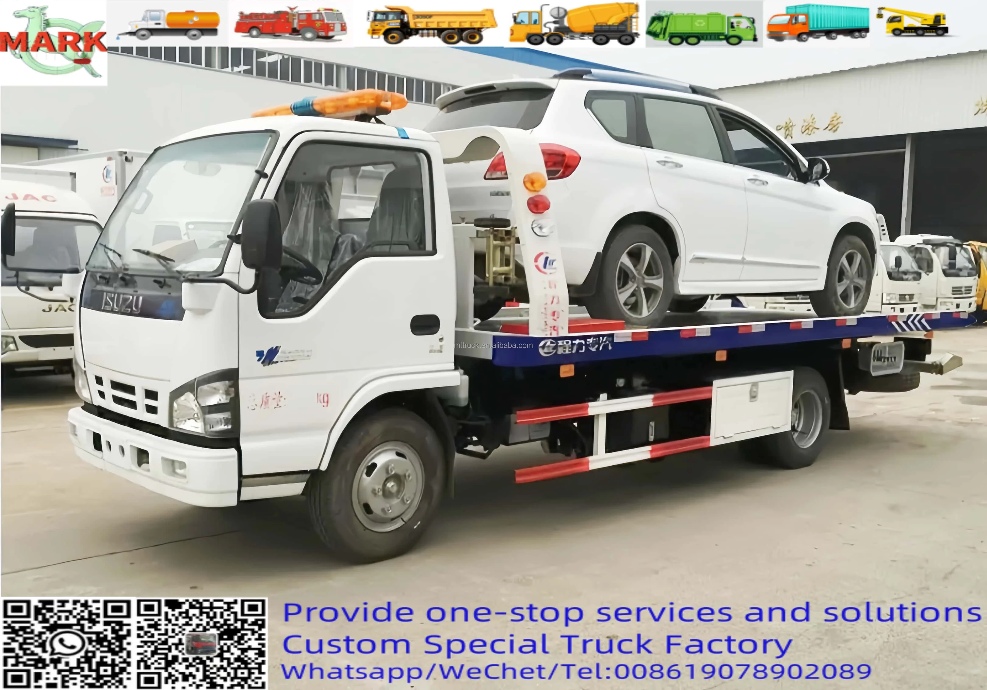 Winch 6 tons flatbed trailer direct road wrecker transporter recovery rollback road rescue platform transport crane truck