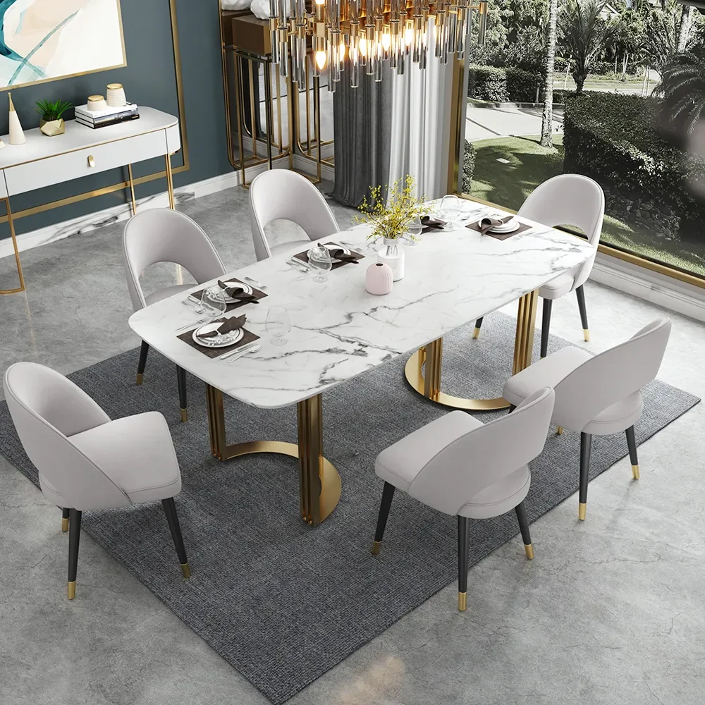 Wholesale Modern Luxury Dining table set Rectangular Top Stainless Steel Base Marble Dining Table