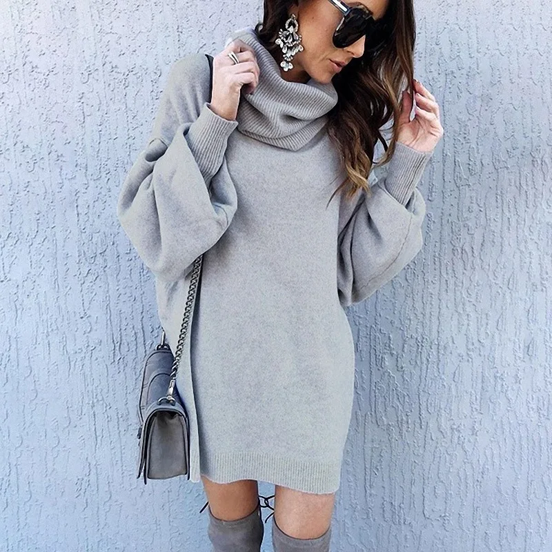 Solid  turtleneck long sleeve sweater dress women autumn winter loose tunic knit pullovers sweater casual knitted dress