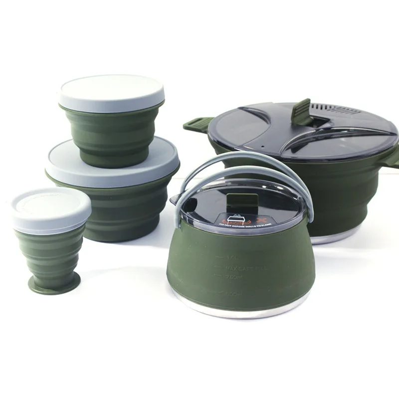 Silicone Foldable Kettle Pot Set Outdoor Camping Cooking Portable Kettle with 304 Stainless steel