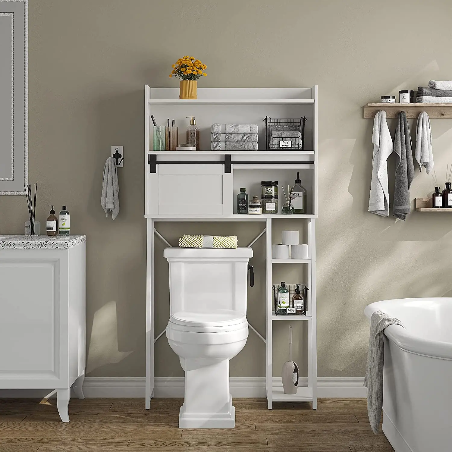 The Toilet Storage Cabinet Mass-Storage Over Toilet Bathroom Organizer with Sliding Door, Space-Saving Toilet Rack
