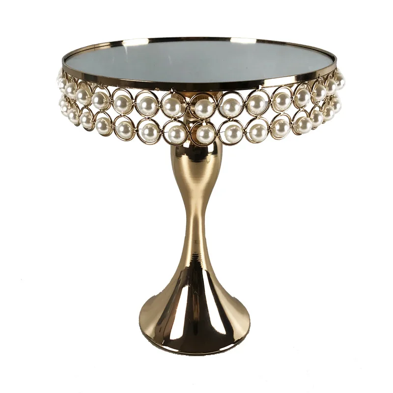 luxury Crystal pearl Gold Plated cake stand round metal Cup cake Stand Mirror Birthday Party Dessert Display Wedding Decor