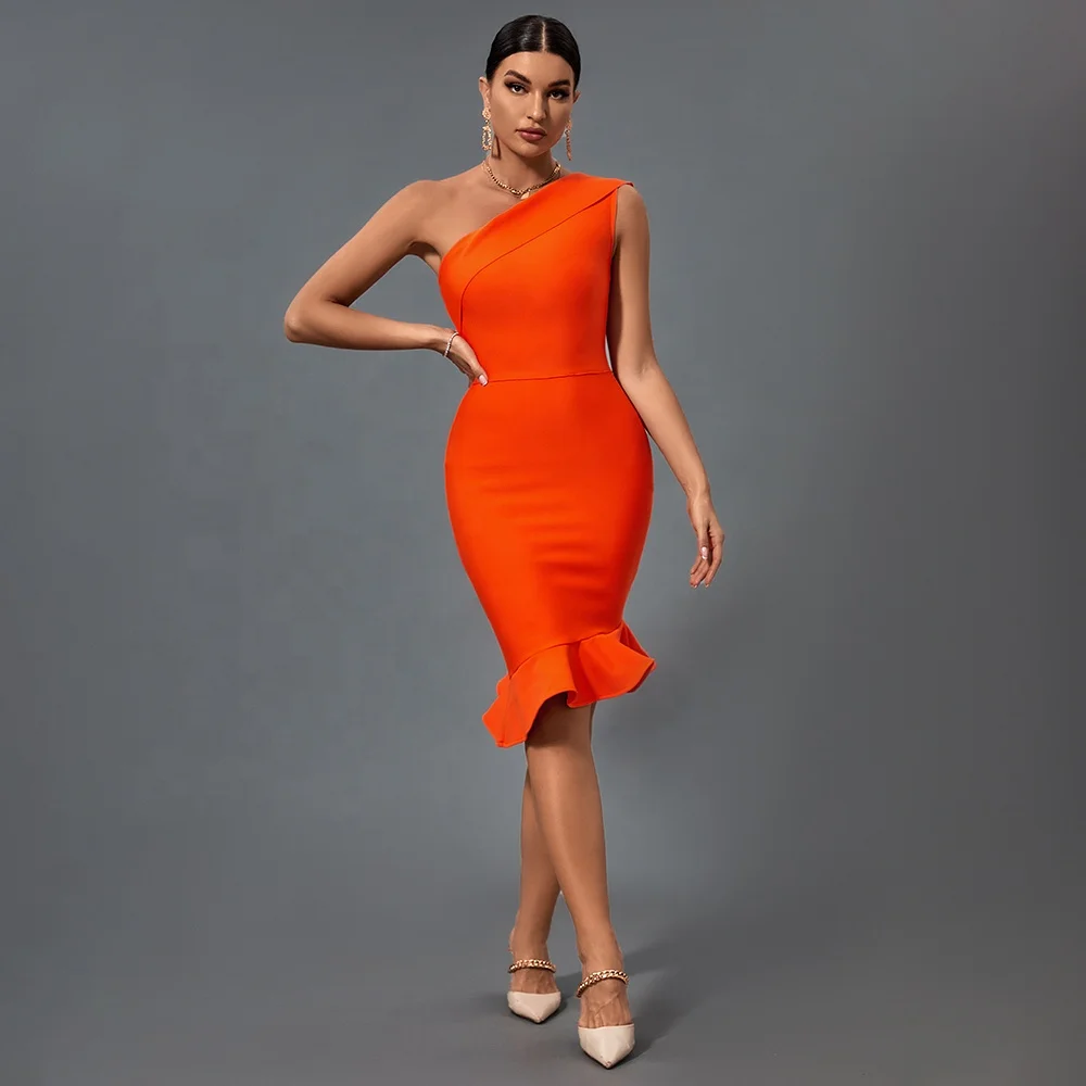 New In 2024 Ladies Bodycon High Waist Summer Dress Fashion Solid Color One Shoulder Sleeveless Classy Ruffled Dress