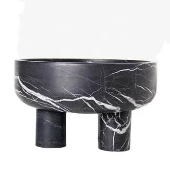Extra-large Handmade Nero Marquina Marble Pedestal Bowl With 3 Legs