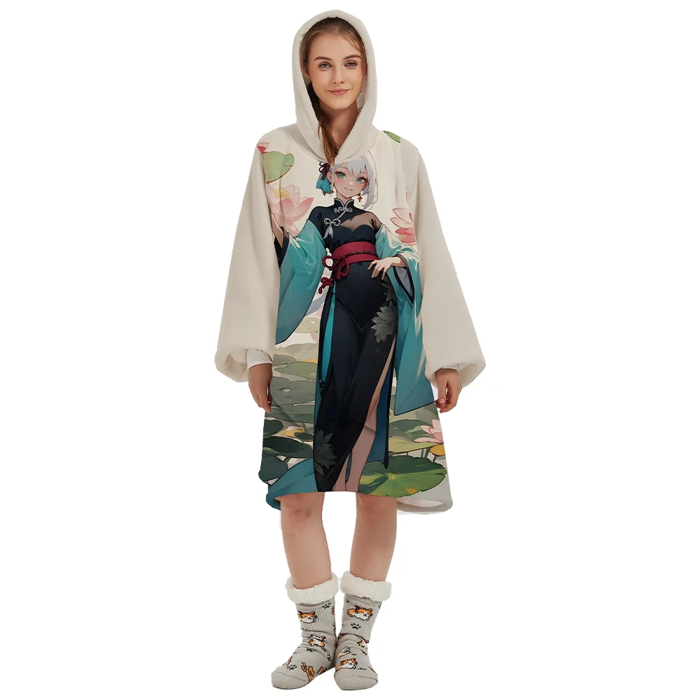 Soft Flannel Panda Wholesale Long Lined Custom Oversized Anime Printed Warmer Fleece Sherpa Wearable Sleeping Hoodie Blanket