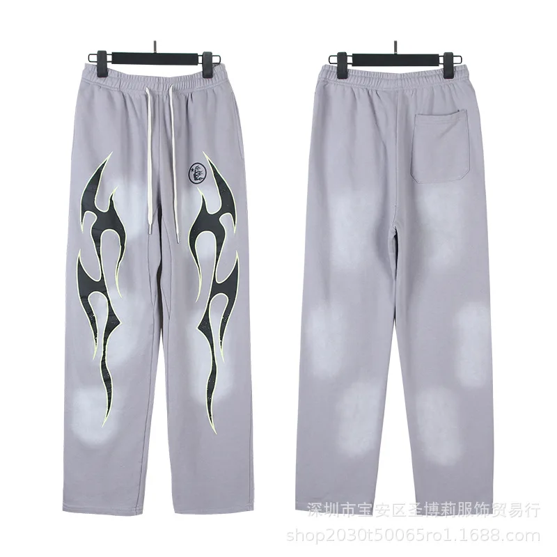 Custom Logo Streetwear French Terry Acid Wash Blank Sweat Pants Side Button Vintage Flare Sweatpants Jogger Pants For Men