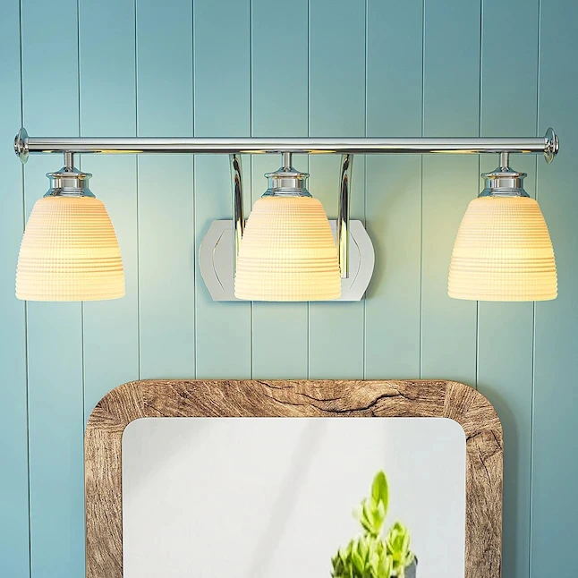 High quality 3 light chrome vanity wall light fixtures Modern hotel bathroom mirror wall lamp  with ribbed frosted glass