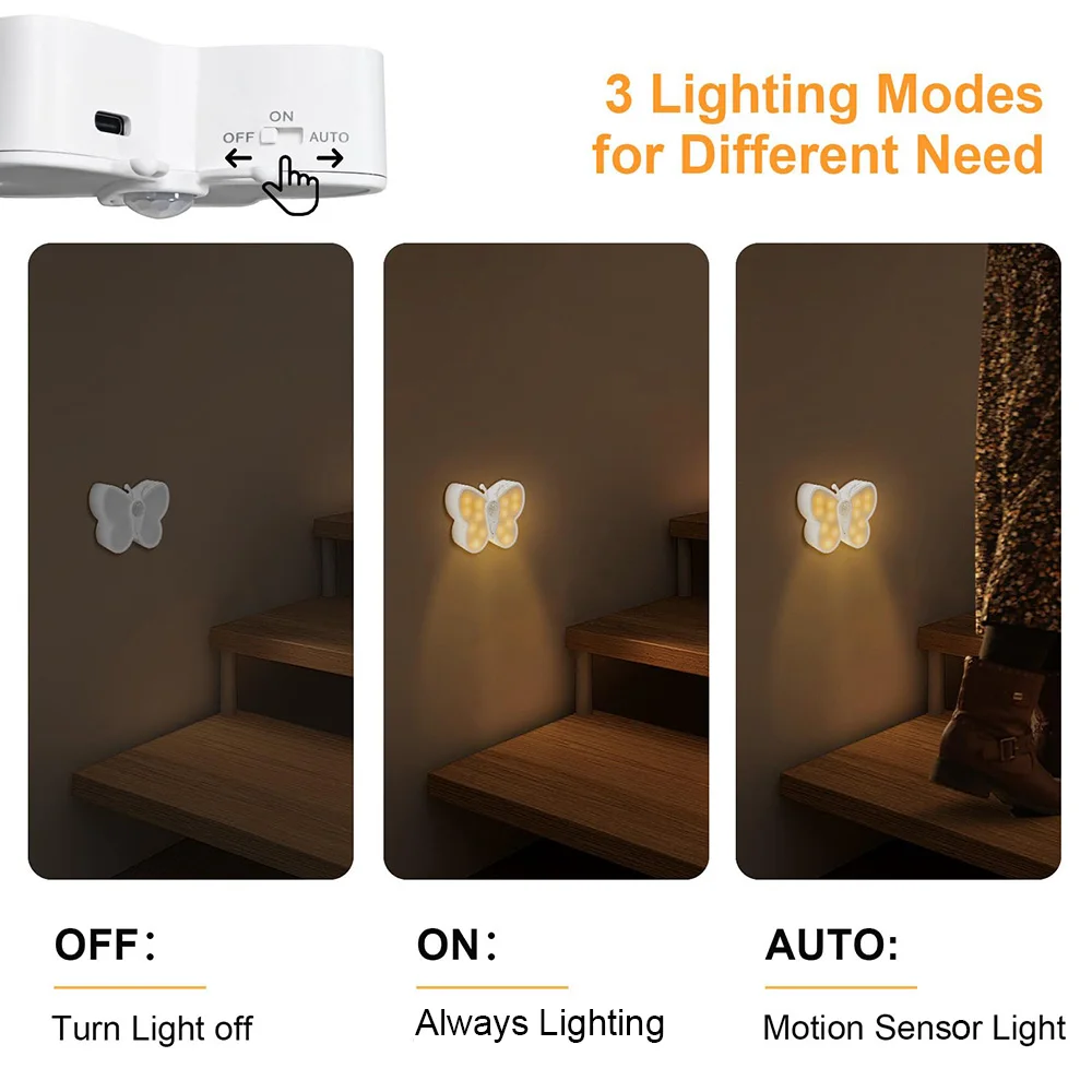 Wireless Motion Sensor Led Light Butterfly USB Rechargeable Motion Activated Night Light for Room Hallway Cabinet Staircase