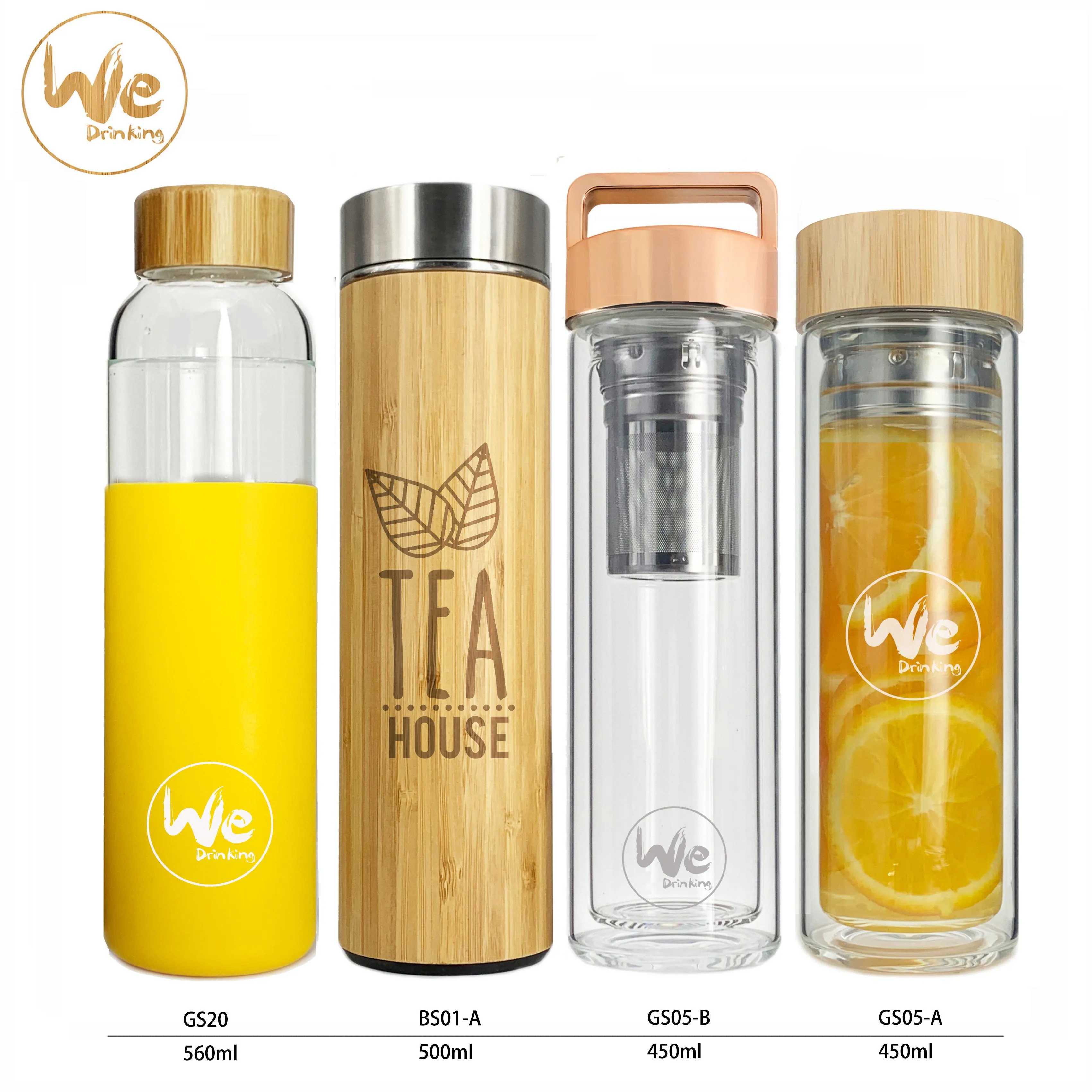
GS07-B 480ml 17oz No Minimum Leakproof BPA Free Double Wall Tea Glass Bottle with Fruit Infuser 