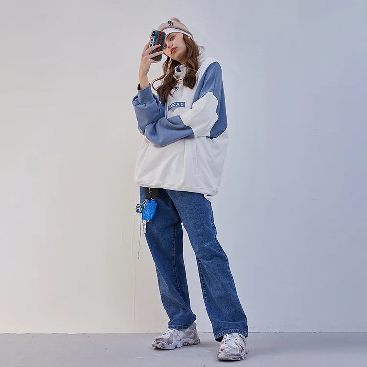 Nocao Korean street style casual fashion loose stand collar contrast color long sleeve pullover sweatshirt for men and women