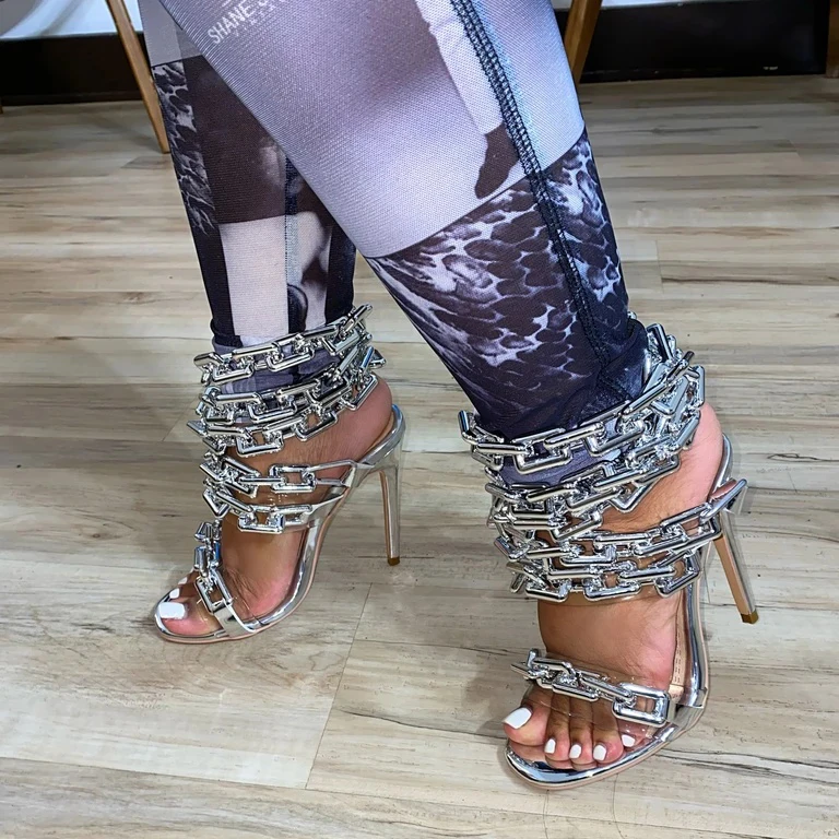Босоножки женские на цепочке, сандалии на высоком каблуке, роскошная пикантная обувь с металлической цепочкой, лето, 2021