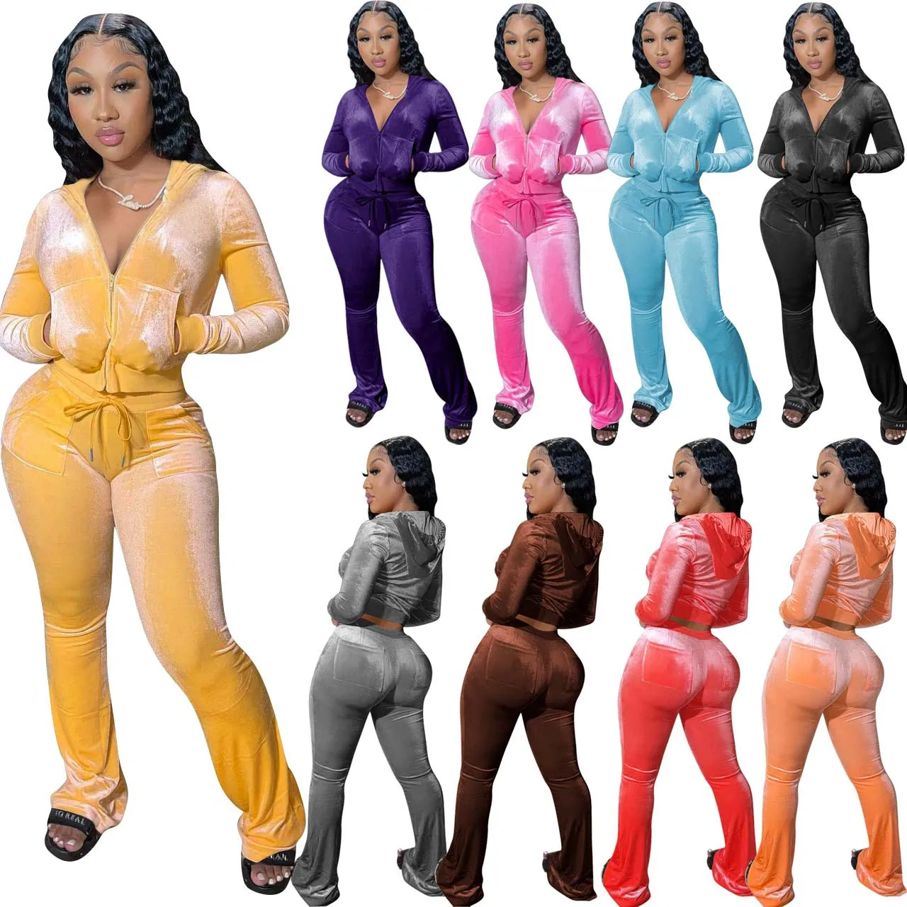 Wholesale Winter Hot Sale 2021 Multi Color Long Sleeve Gold Velvet Women Clothes Casual Hoodie Wide-leg Pants 2 Piece Sets