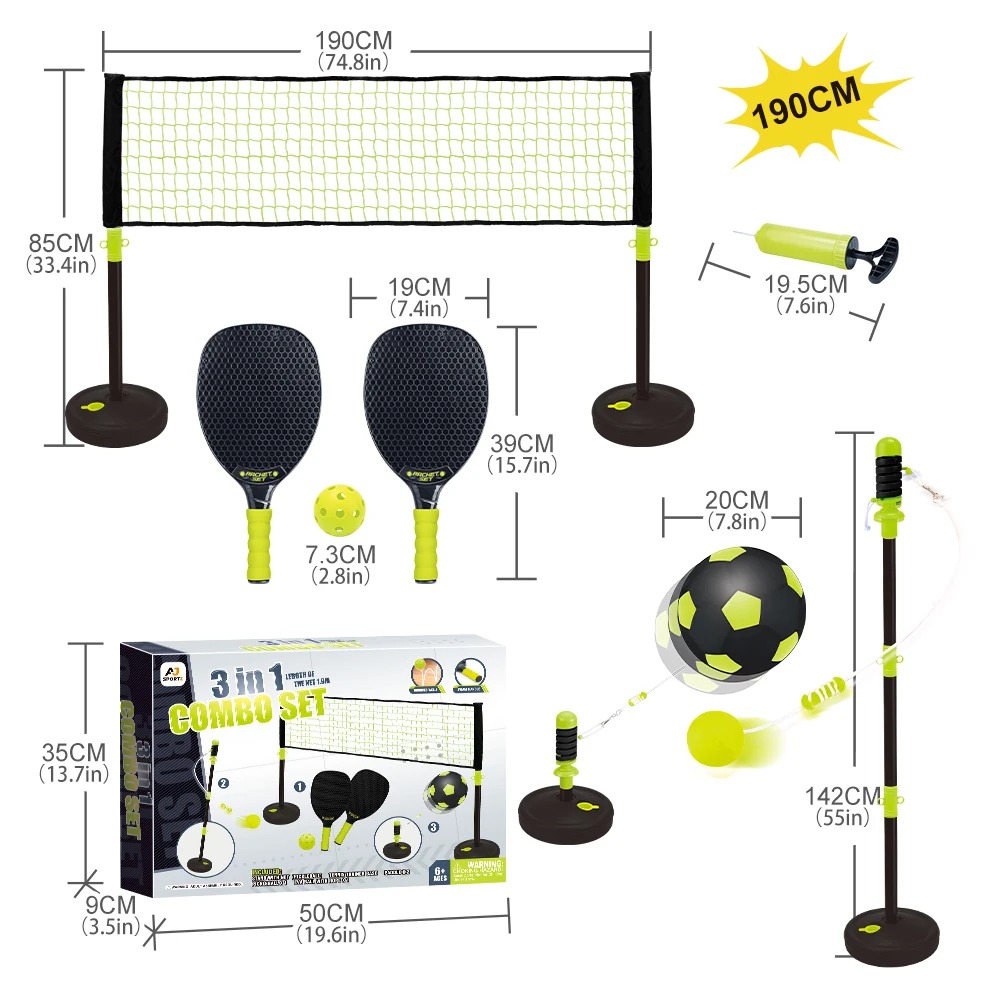 3 In 1 Combo Sport Set Kids Pickleball Net Set & Pickleball Training Tripod & Soccer Trainer For Children Outdoor Game