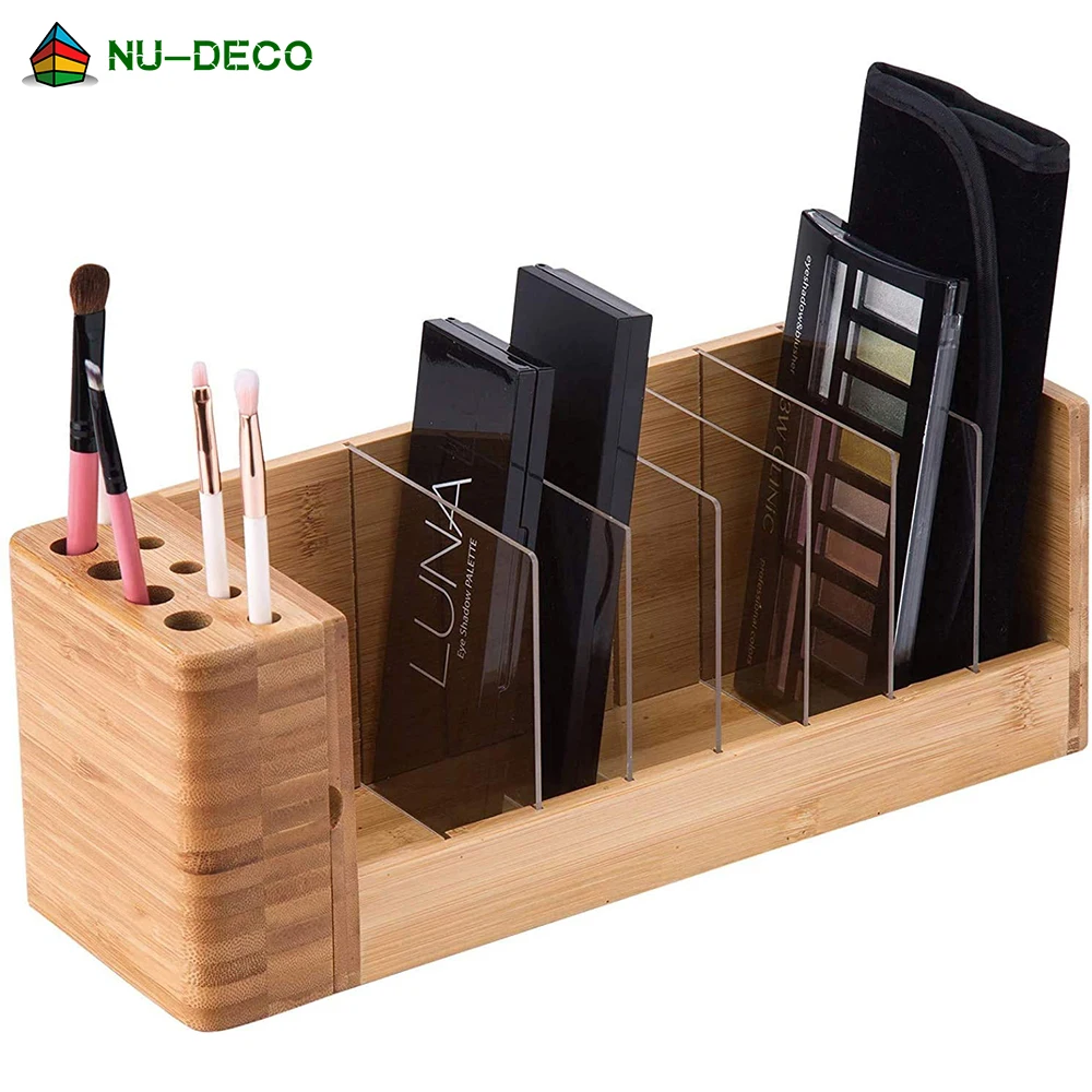 Bamboo Eyeshadow Palette Organizer Makeup Brush Holders Wood Cosmetic Display Stand with 8 Acrylic Divider