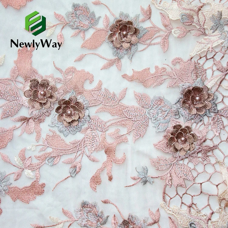 2022 NewlyWay African Mesh Embroidered Lace Flower Embroidery Tulle Fabric Lace Fabric Embroidery For Dresses