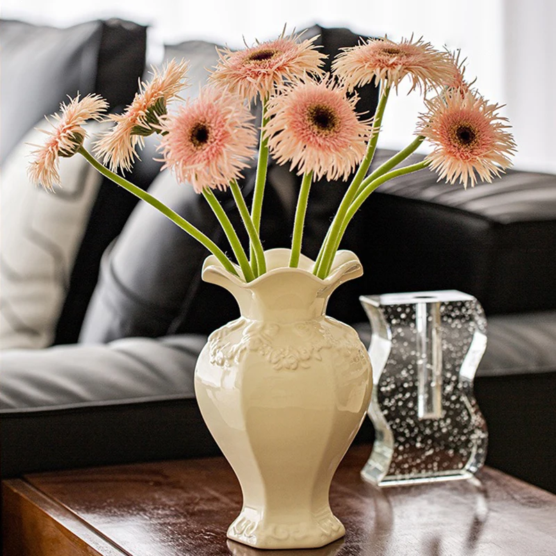 European Retro ceramic art relief vase color emulational rose flower wavy hexagonal bottle living room desktop flower decoration
