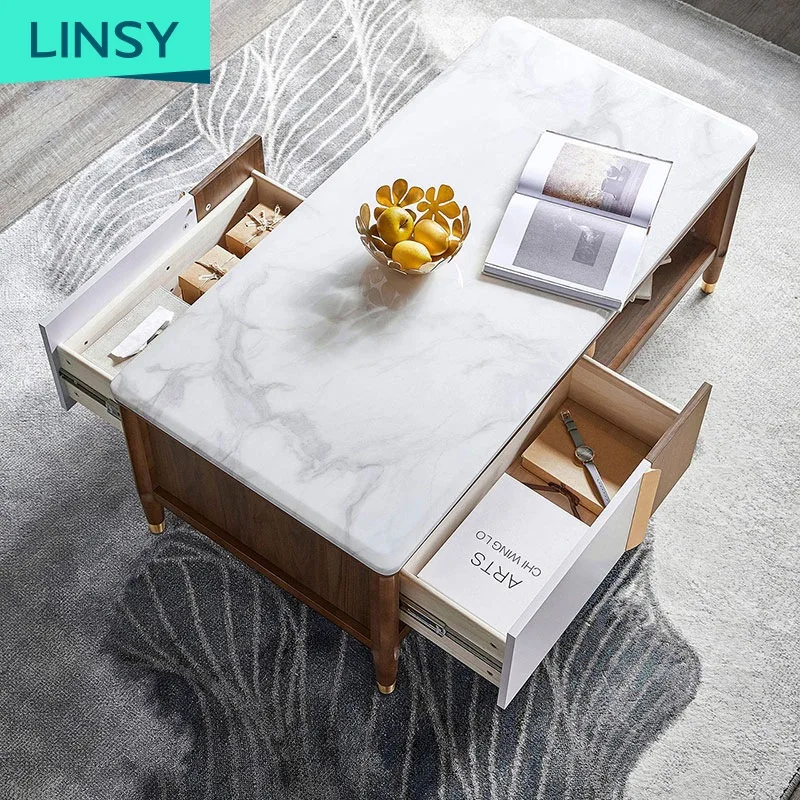 Linsy Antique Style Rustic Wood Marble Top Coffee Table Rectangle Square Tea Table  Ls173L1