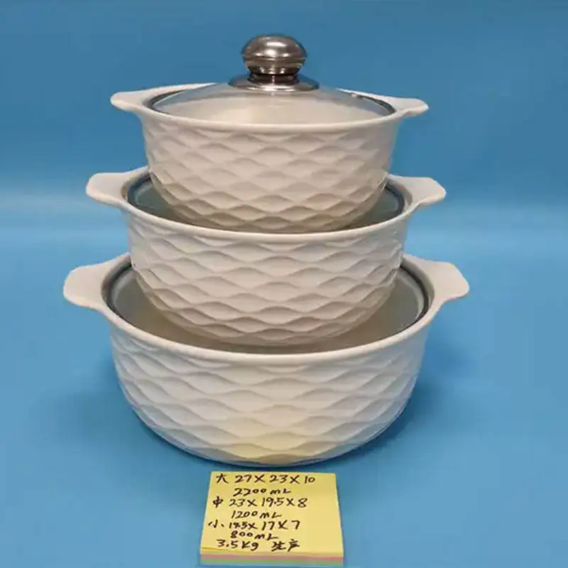 2024 In Stock Porcelain Tableware White Cheap Casserole Pot Embossed Ceramic Soup Pot Sets with Glass Lid