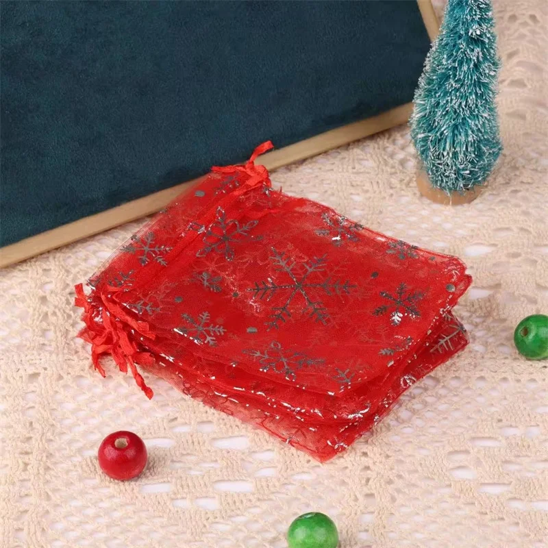 7*9cm Organza Drawstring Handle Wedding Candy Pouches for Christmas Snowflake Gift Packaging