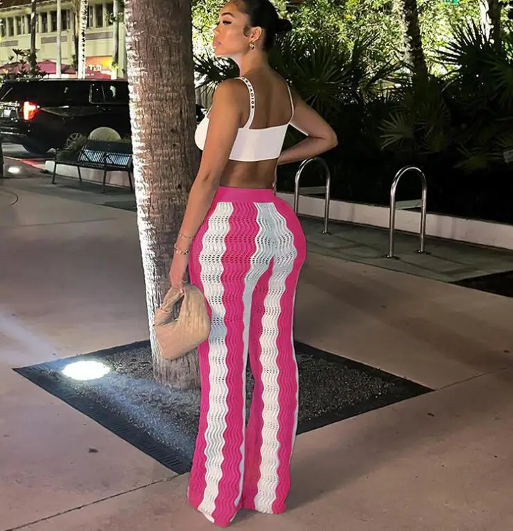STOCK 4Colors Fashion Women Crochet Clothing Fall Sexy Hollow Out Wavy Patchwork High Waist Knitted Wide Leg Pants
