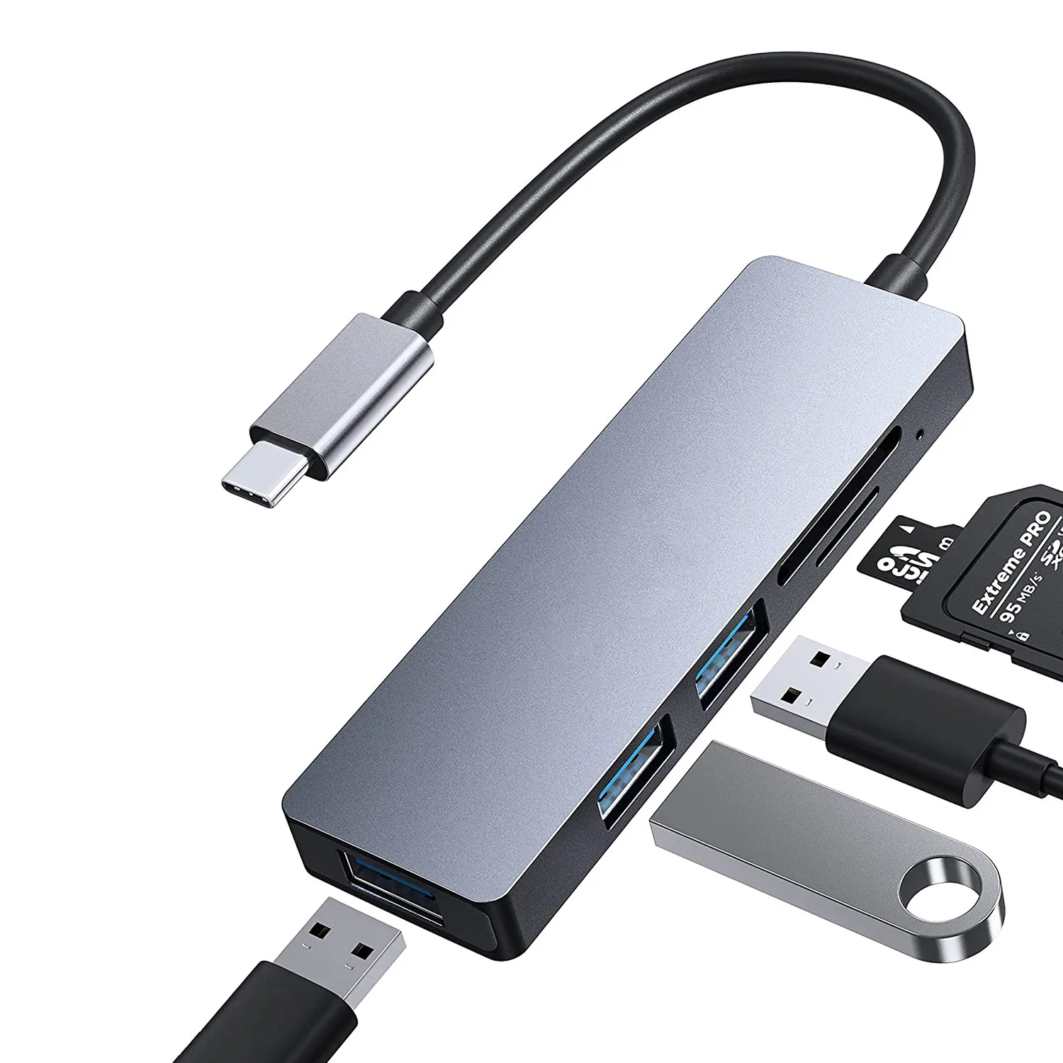 Hot Selling Cheap Usb C Hub 3.0 Type C 5 in 1 Aluminium Alloy SD/TF Card Reader USB3.0 HUB