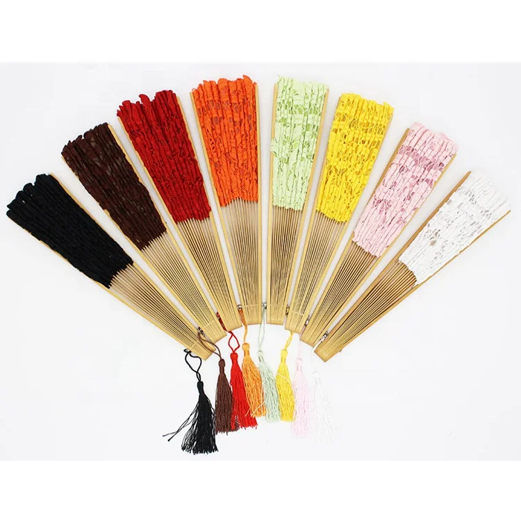 High Quality 27cm Length Wedding Favor Colorful Lace Folding Hand Fans with Tassel for Sale and Wedding