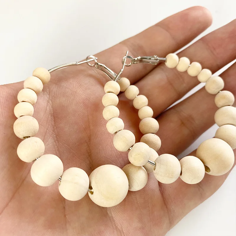 Bohemian Jewelry African Women Wooden Beads Earrings Big Beaded Hoop Earrings Handmade White Wood Earrings