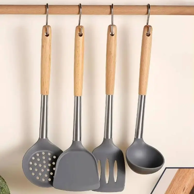 Wooden Handle Non Scratch Flipper Heat Resistant Flexible Small Kitchen Turner Silicone Cookie Shovel for Nonstick Cookware