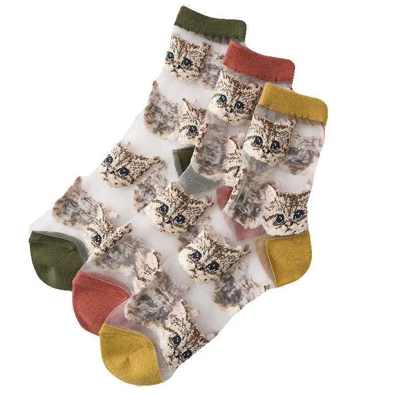 Thin Jacquard Mesh Glass Silk Ankle Short Cat Ankle Transparent Socks For Women