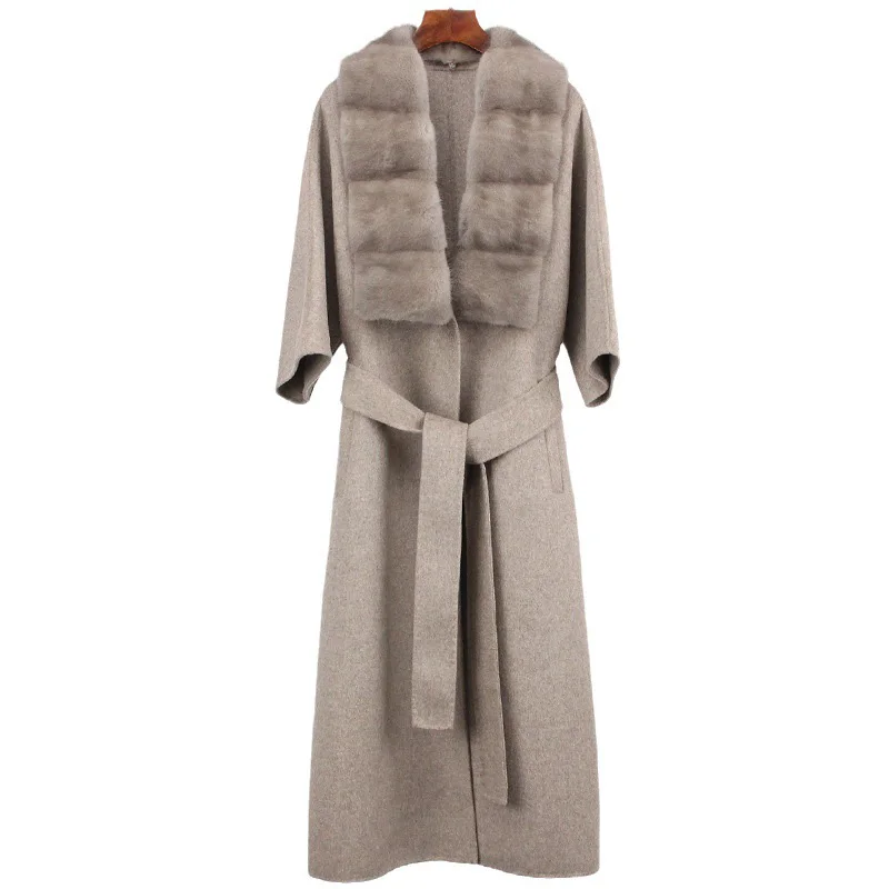 Wholesale Luxury Winter Short Sleeve Women Long Genuine Cashmere Wool Coats with Detachable Real Mink Fur Collar