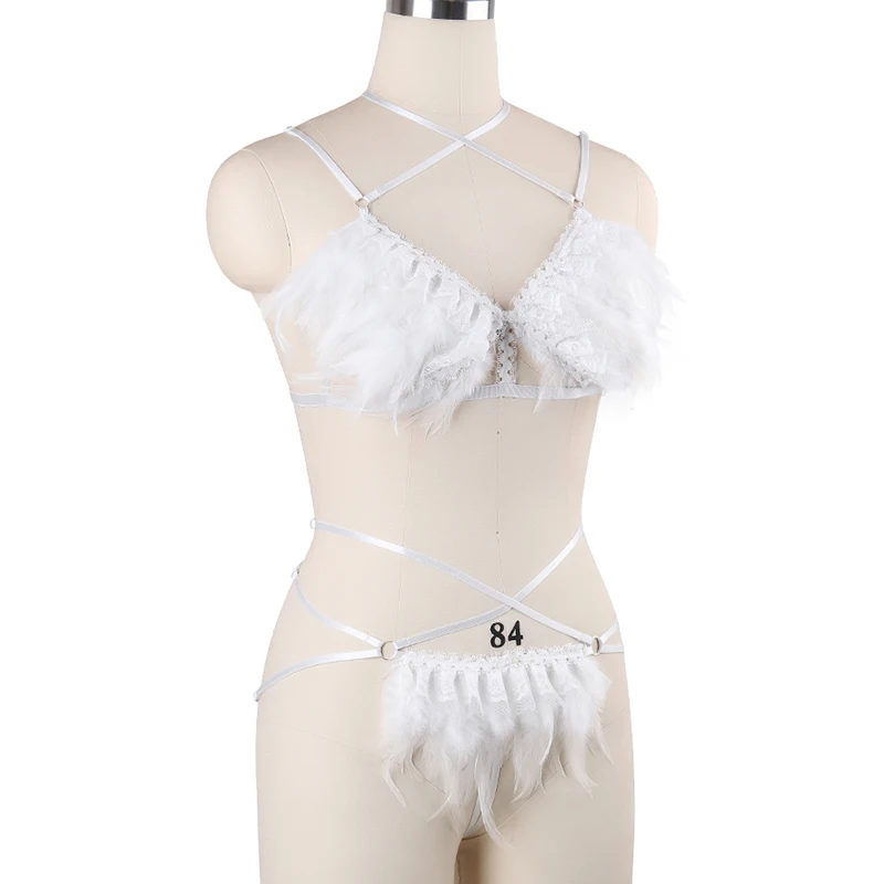 Custom Designer Fancy White Feather Bra And Thong Set Erotic Exotic Festival Dancewear Party Dance Rave Outfit