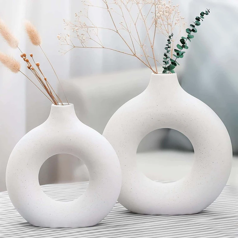 Beige White Ceramic Vase Set 2 for Modern Home Decor Boho Round Matte Vase for Farmhouse Wedding Party Living Room Office Decor