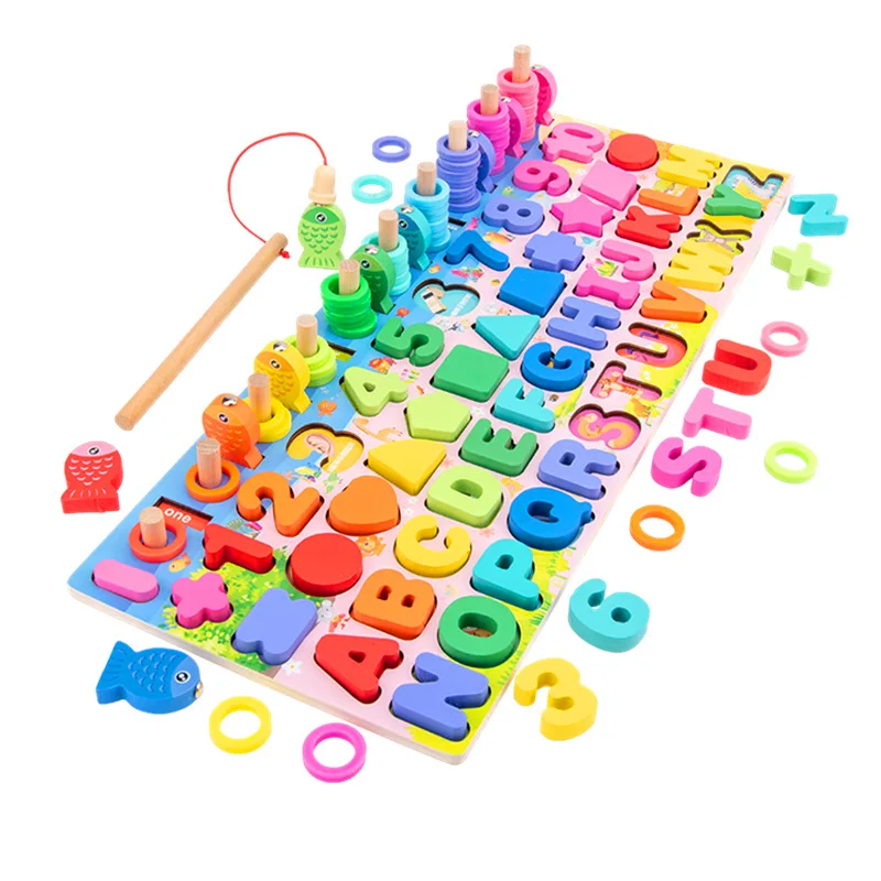 6in1 Multifunction Board Fishing Geometric Cognition Toys Wood Montessori Educational Toys For Kids Montessori Set