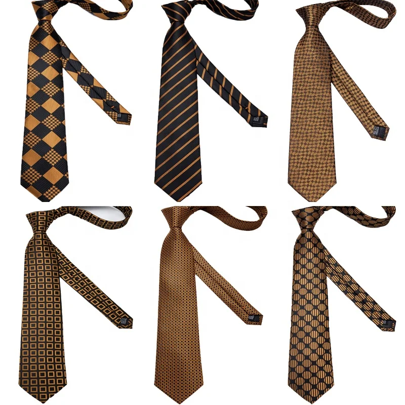 Wholesale Business Brown Gold Ties Men Custom Mens Silk Neckties Handkerchief Cufflinks Set