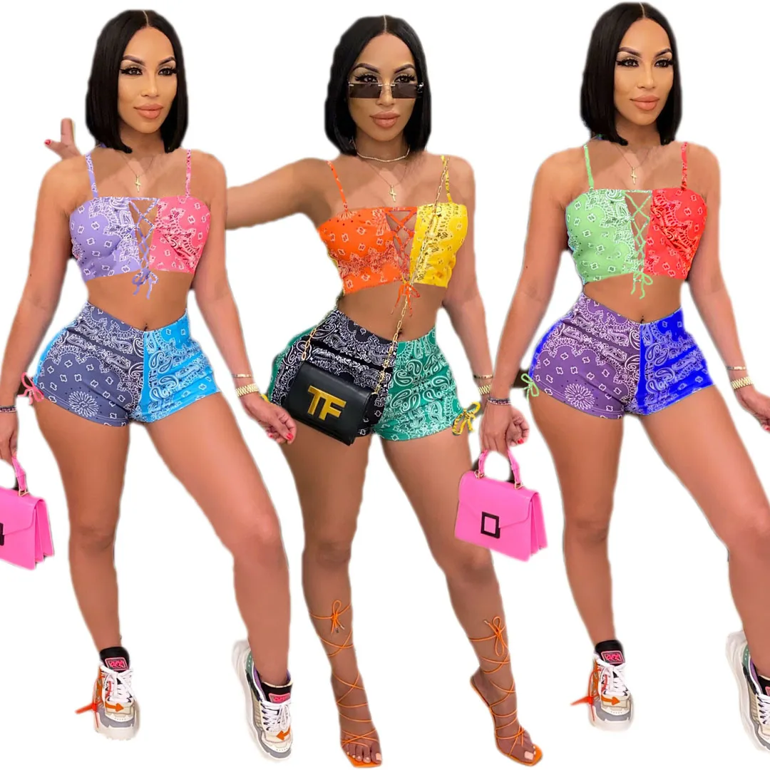 2021 New Arrivals Shorts And Tank Top Set For Women Halter Printed Crop Bandage Top Set Fashion Short Sets Summer