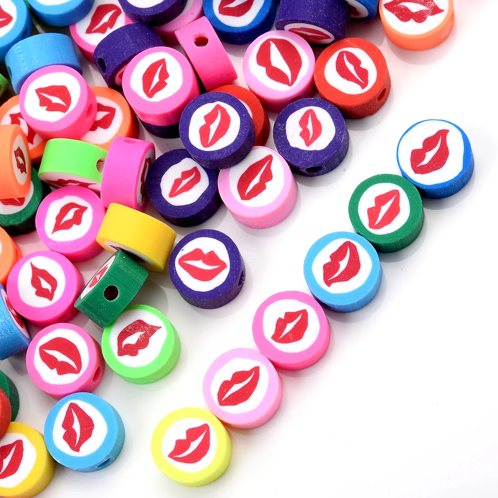 50Pcs/Lot Mix Colorful Polymer Clay Beads Sexy red lips Spacer Loose Beads For Jewelry Making Diy Bracelet Necklace 10mm