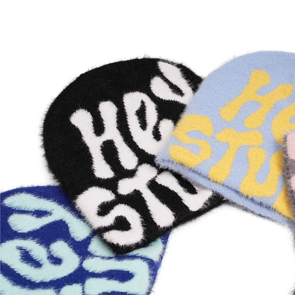 Custom Y2K Your Own Logo Mohair Beanies 100% Acrylic Knit Jacquard Beanie Hats