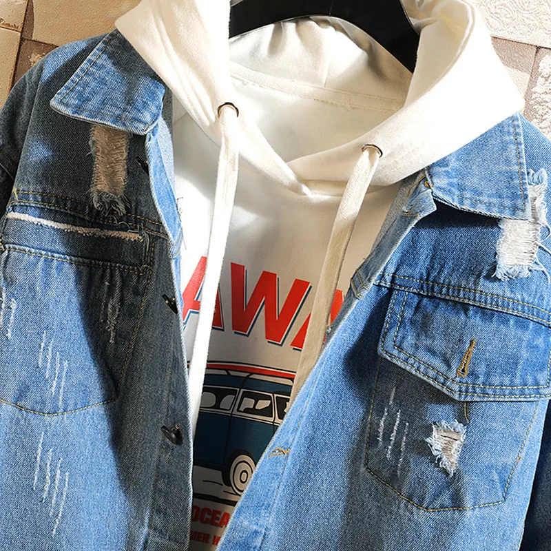 
Cotton And Viscose Loose Fit Jeans Poker Mens Streetwear Casual Black Hip Hop Denim Jacket For Men 