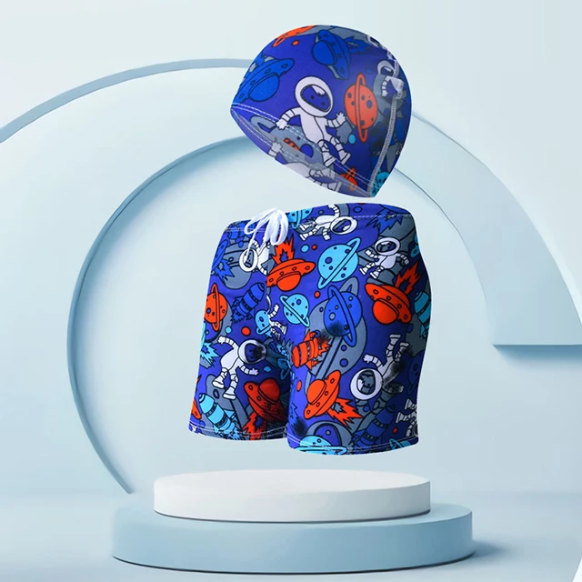 Stylish Flat Corner Beach vacation Hot Spring Summer Kids swim shorts Swim cap Boys cartoon printed swim shorts set