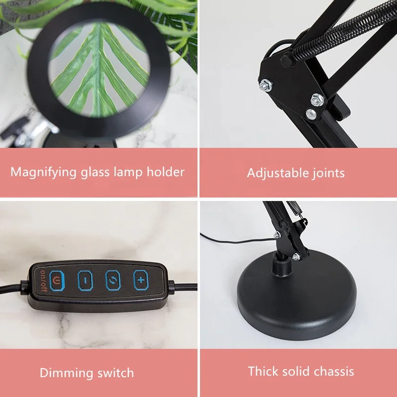 Magnifier Desk Lamp Dimmable LED Magnifying Lamp with Clamp and Stand Glass Lens Adjustable Swivel Arm Light