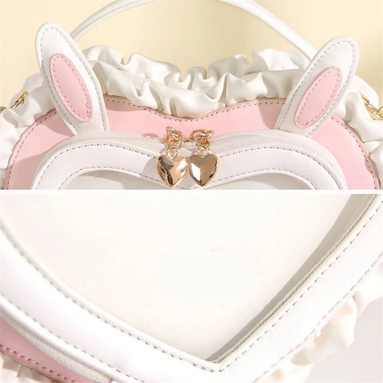 2024 New Rabbit Ears Peach Heart Bag Transparent PVC Sweet and Cute Lace ITA Bag Custom Student Shoulder ITA Bag