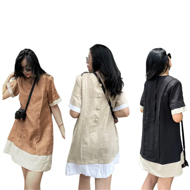 Mini Dress 100% Linen Natural  Manufacturer OversizeCustom Plain Solid Color Lady Formal Casual Dress For Women Easy To Wear