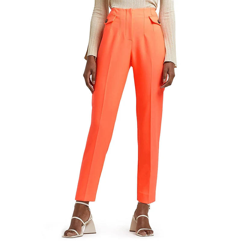 Oem Customized Manufacturer Classic High Waist Zipper Fly Pintuck Cigarette Leg Orange Suit Women Pants Trousers