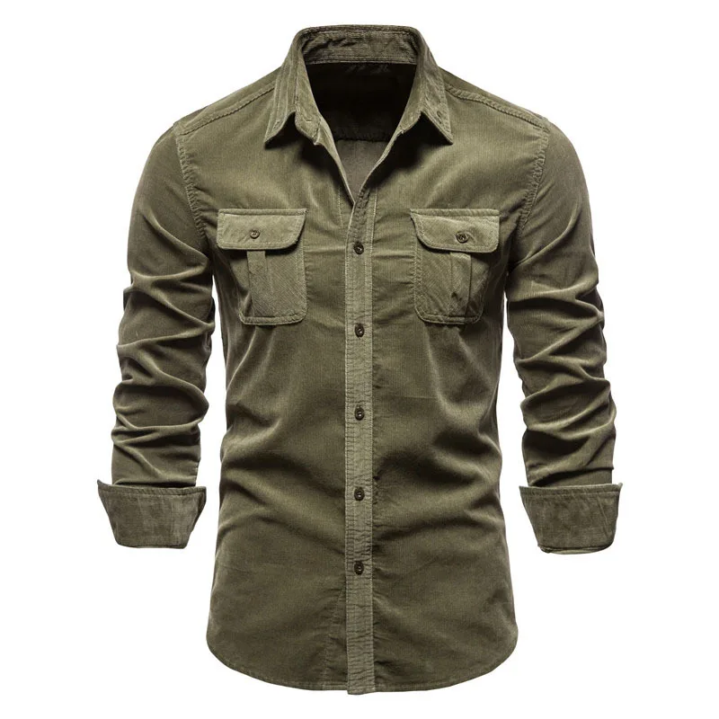 Hight Quality Casual Spring Solid Corduroy Men Long Sleeve Lapel Button Down Formal Slim Fit Shirts