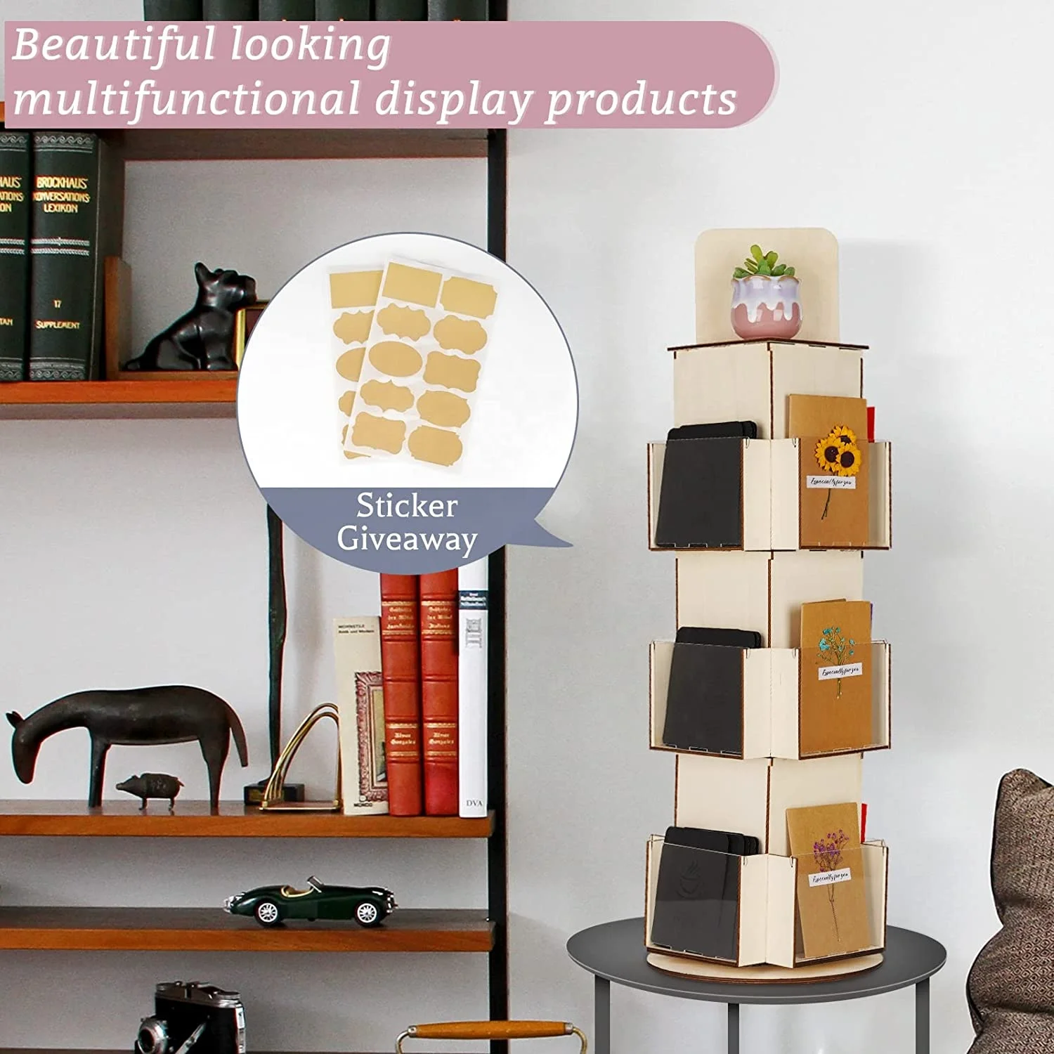 Wooden rotating greeting card display stand for greeting card supplier coffee bag 3-layer desktop display stand