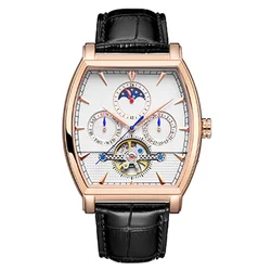 Brown cow leather strap complete calendar barrel shape men mechanical automatic watch