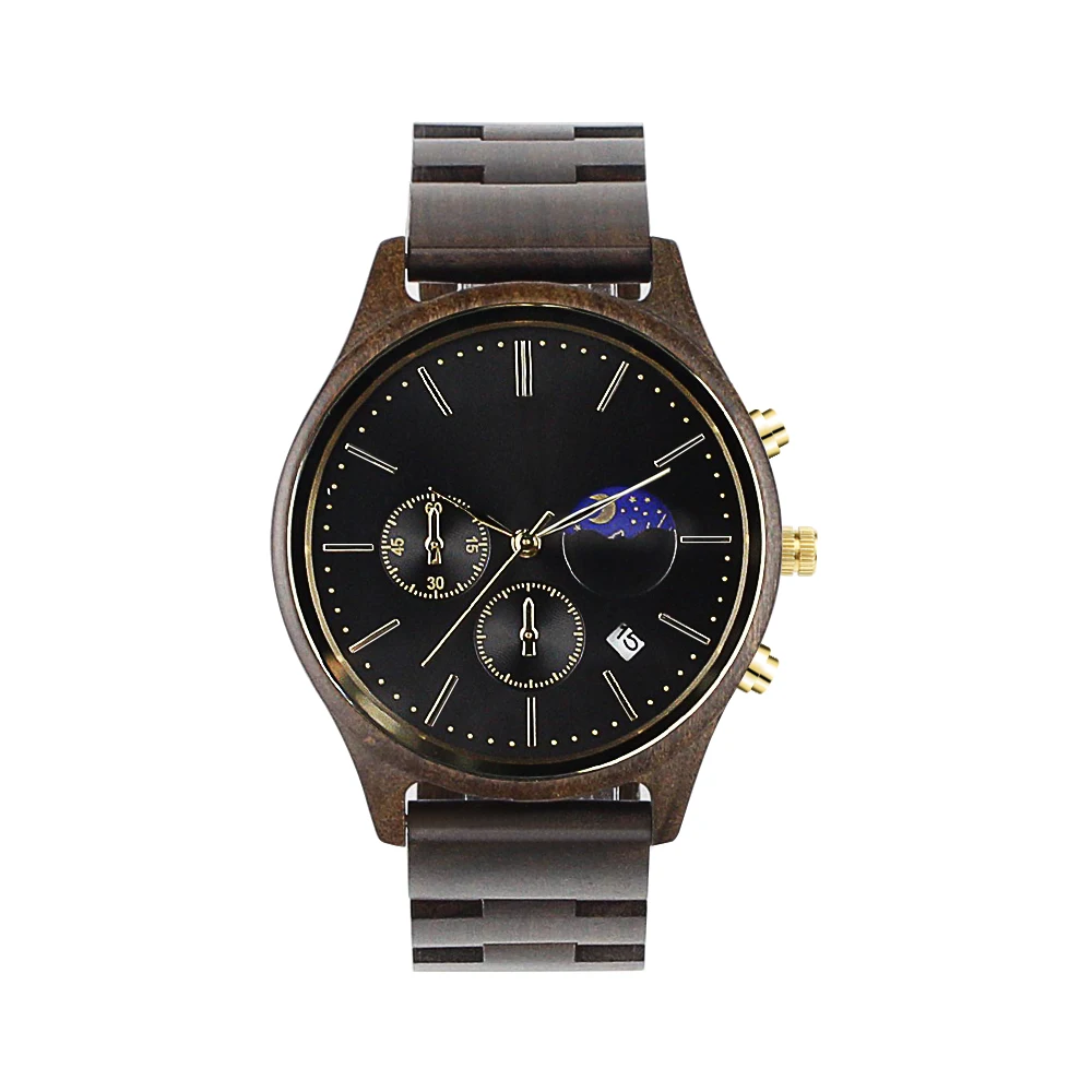 Best Gift Full Natural Walnut Wood Band Quartz Moon Phase Calendar Male Wristwatch Fashion Men Chronograph Wooden Watch