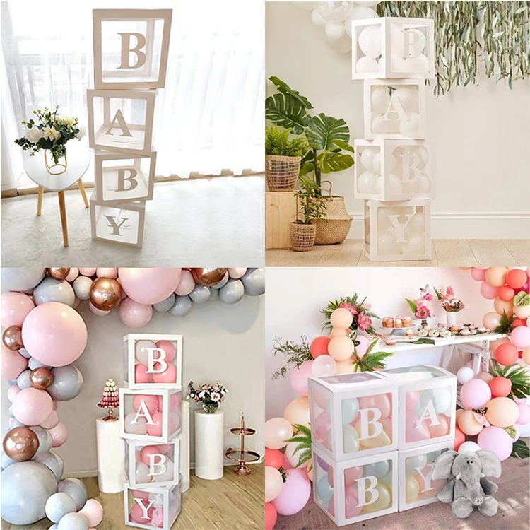 
Baby Shower Boxes Party Decorations 4 pcs Transparent Balloons Decor Boxes with Letter Individual BABY Blocks Design Boys Girl 